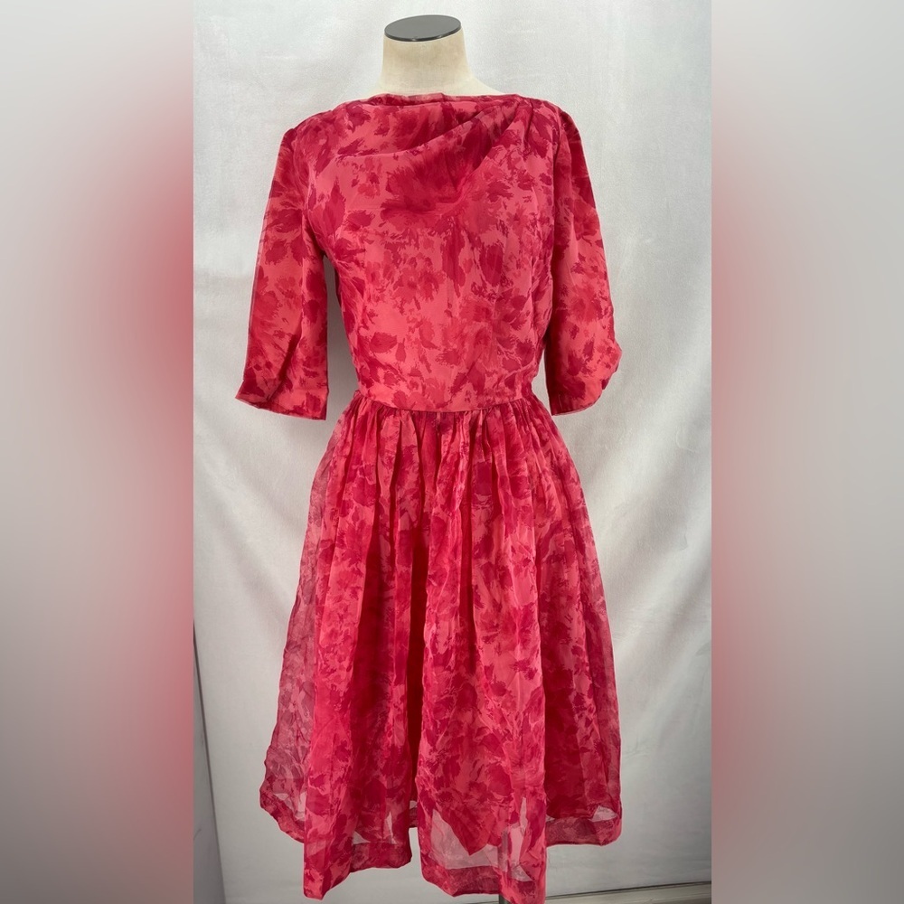 Vintage Handmade pink Red Floral Chiffon Fit & Flare Dress 1950s Style Small 4